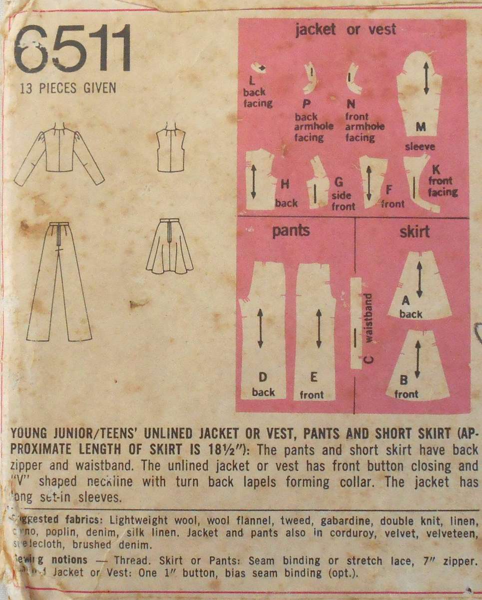 SIMPLICITY 6511 UNLINED JACKET-WAISTCOAT-PANTS-SHORT SKIRT SIZE 9/10 COMPLETE