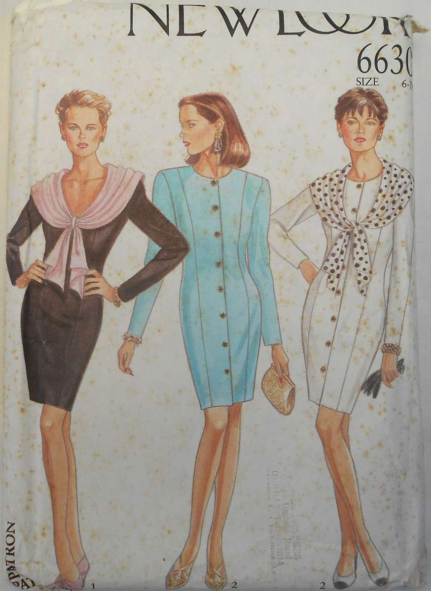 NEW LOOK PATTERNS 6630 LONG SLEEVE DRESS WITHFRONT BUTTONS & SCARF SIZE6 -16 COMPLETE-UNCUT-F/FOLDED