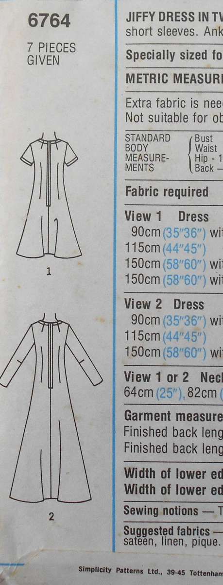 SIMPLICITY 6764 DRESS IN 2 LENGTHS SIZES 14 1/2 BUST 34 CM COMPLETE-UNCUT-F/FOLDED