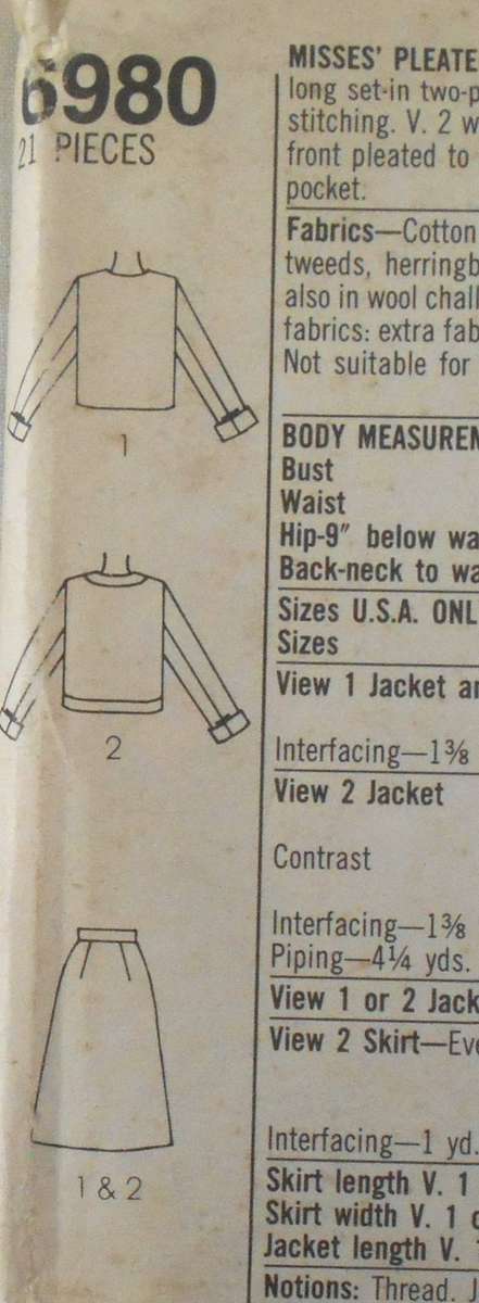 SIMPLICITY 6980 PLEATED SKIRT & LINED JACKET SIZES 10 COMPLETE-MOSTLY UNCUT