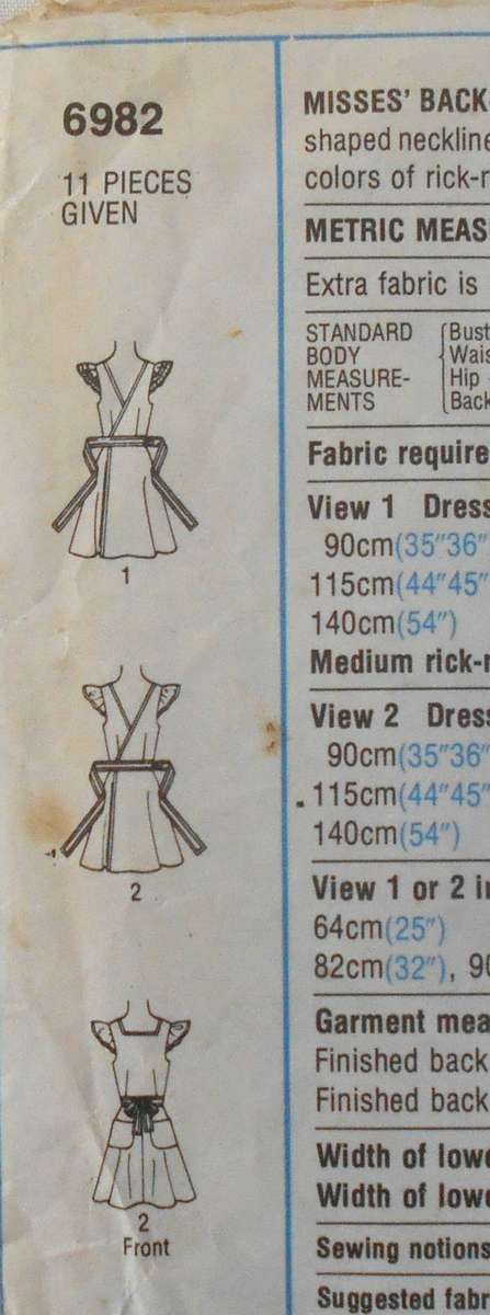 SIMPLICITY 6982 BACK WRAP DRESS SIZE 12 BUST 87 CM COMPLETE