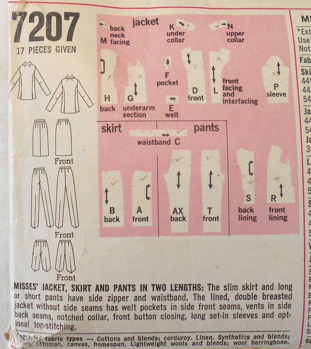 SIMPLICITY 7207-JACKET-SKIRT-PANTS SIZE 16 BUST 36" COMPLETE