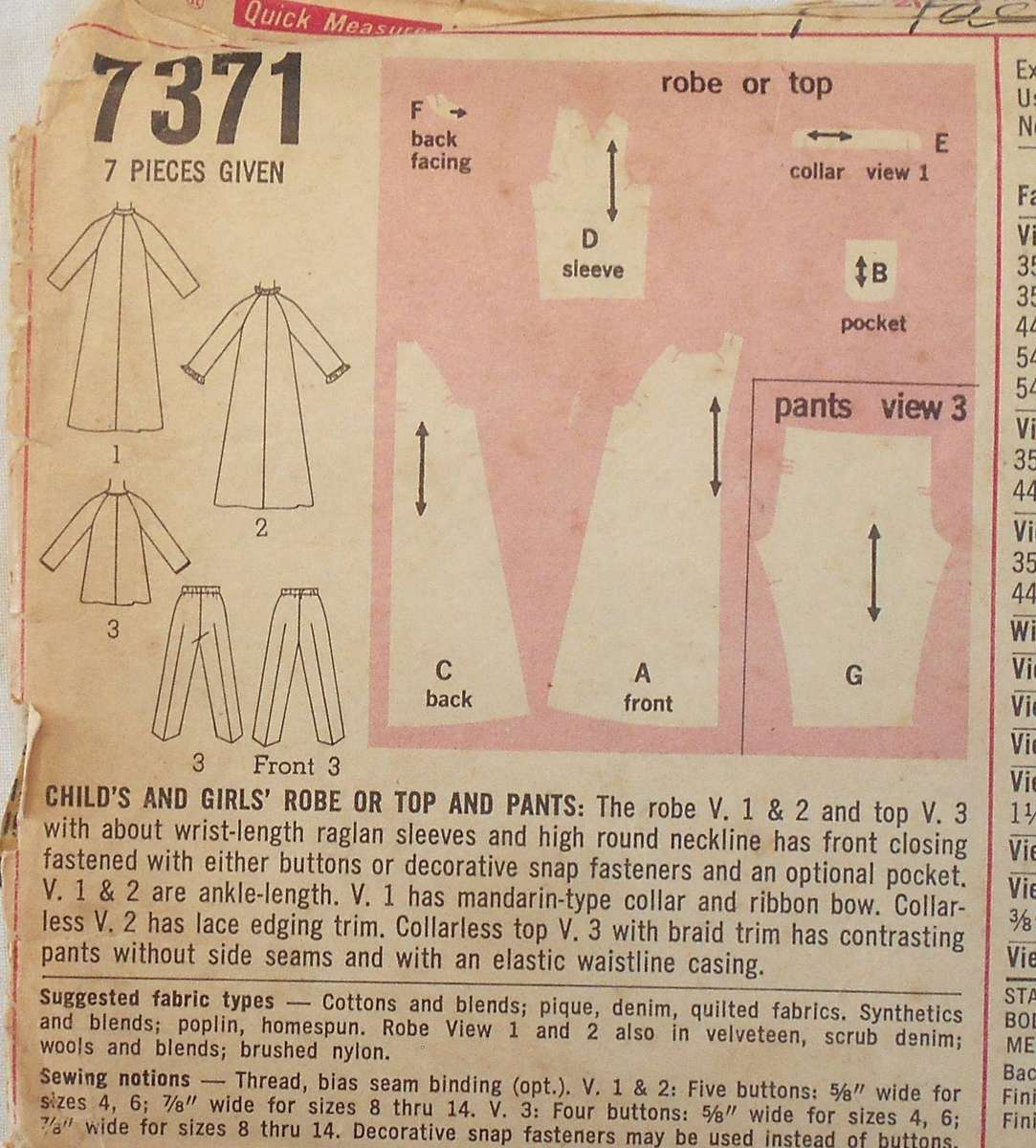 VINTAGE SIMPLICITY 7371 GIRLS ROBE-TOP-PANTS SIZE 6 YEARS BREAST 24 COMPLETE