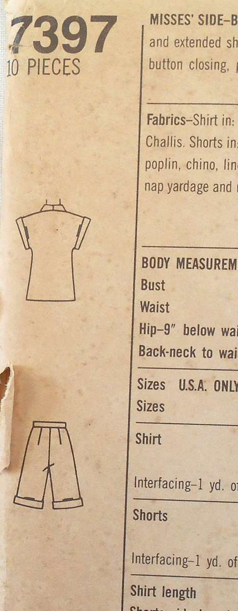 SIMPLICITY 7497 SIDE BUTTON SHORTS-SHIRT SIZE 10-12-14-COMPLETE-ONLY SHIRT CUT TO 12