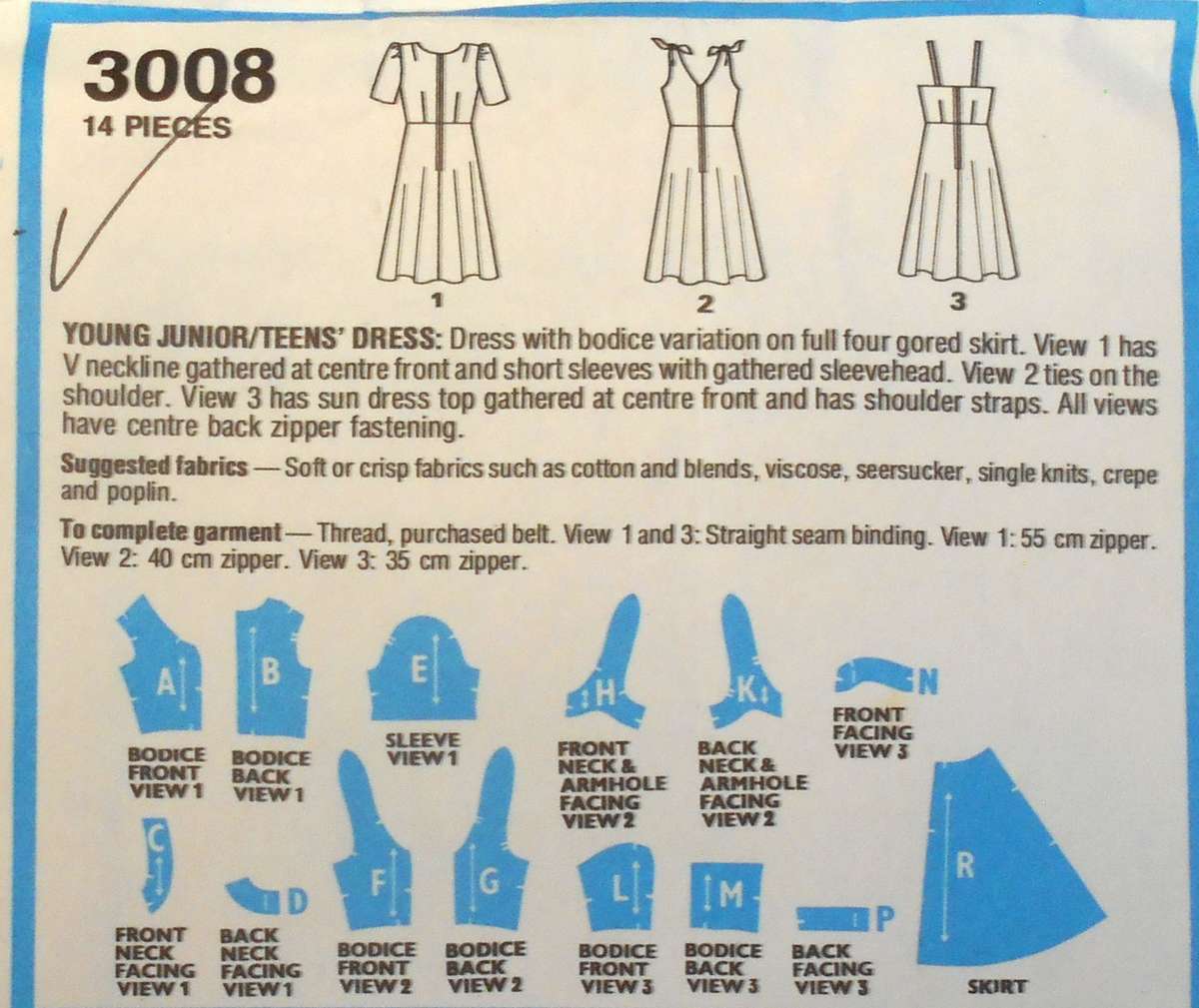 STYLE 3008 DRESS WITH BODICE VARIATIONS SIZE 13/14 BUST 85 CM COMPLETE