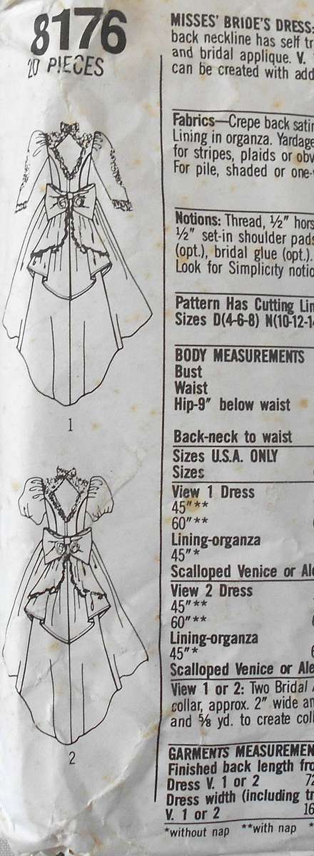 SIMPLICITY 8176 BRIDAL DRESSP SIZE 10-12-14 COMPLETE-CUT TO 14