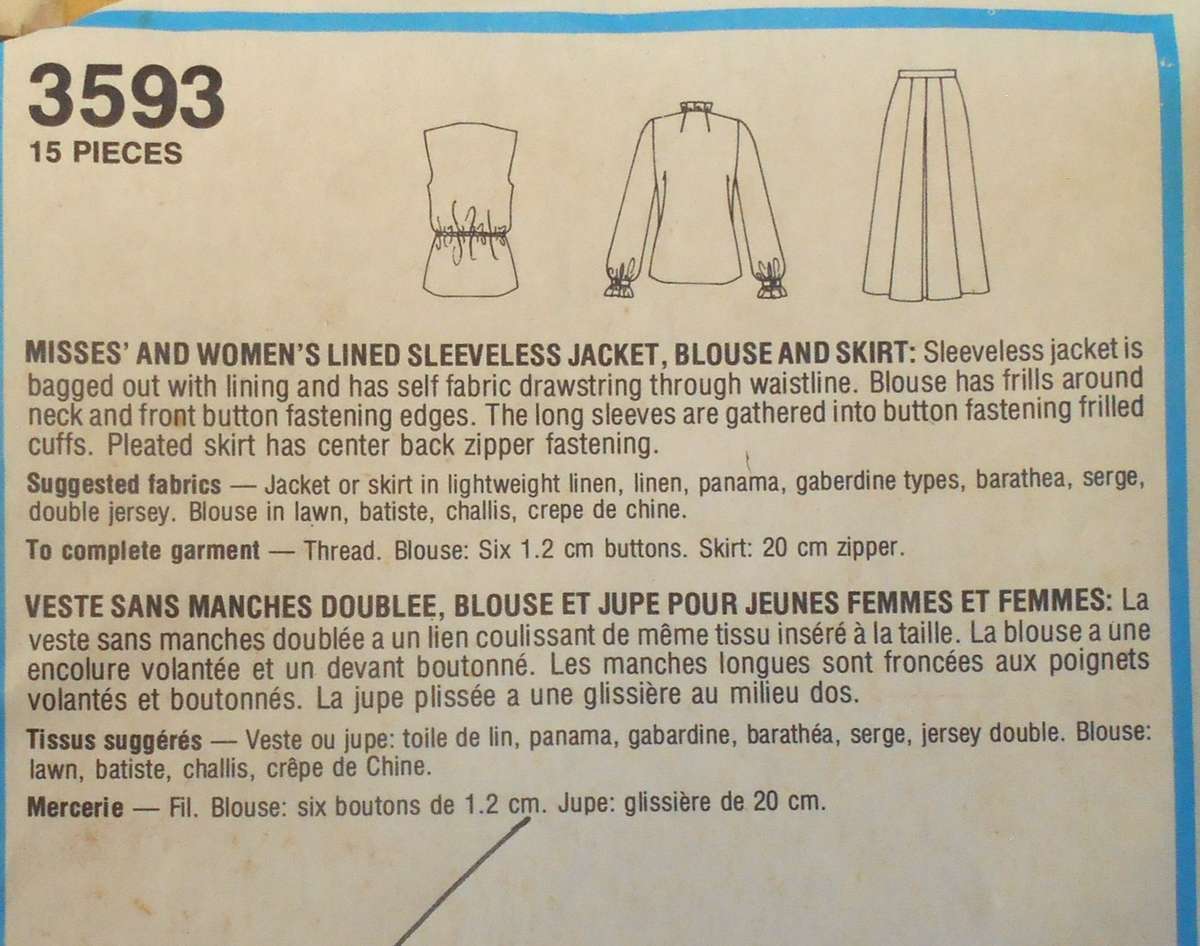 STYLE 3593 LINED SLEEVELESS JACKET-BLOUSE-SKIRT SIZE 20 COMPLETE