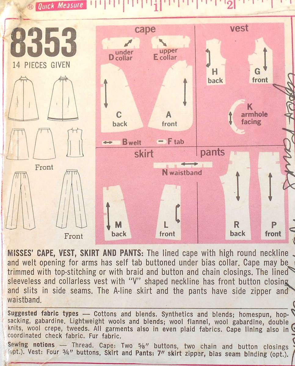SIMPLICITY 8353 CAPE-WAISTCOAT-PANTS SIZE 12 BUST 34 -NO TOP & SKIRT PATTERN SUPPLIED