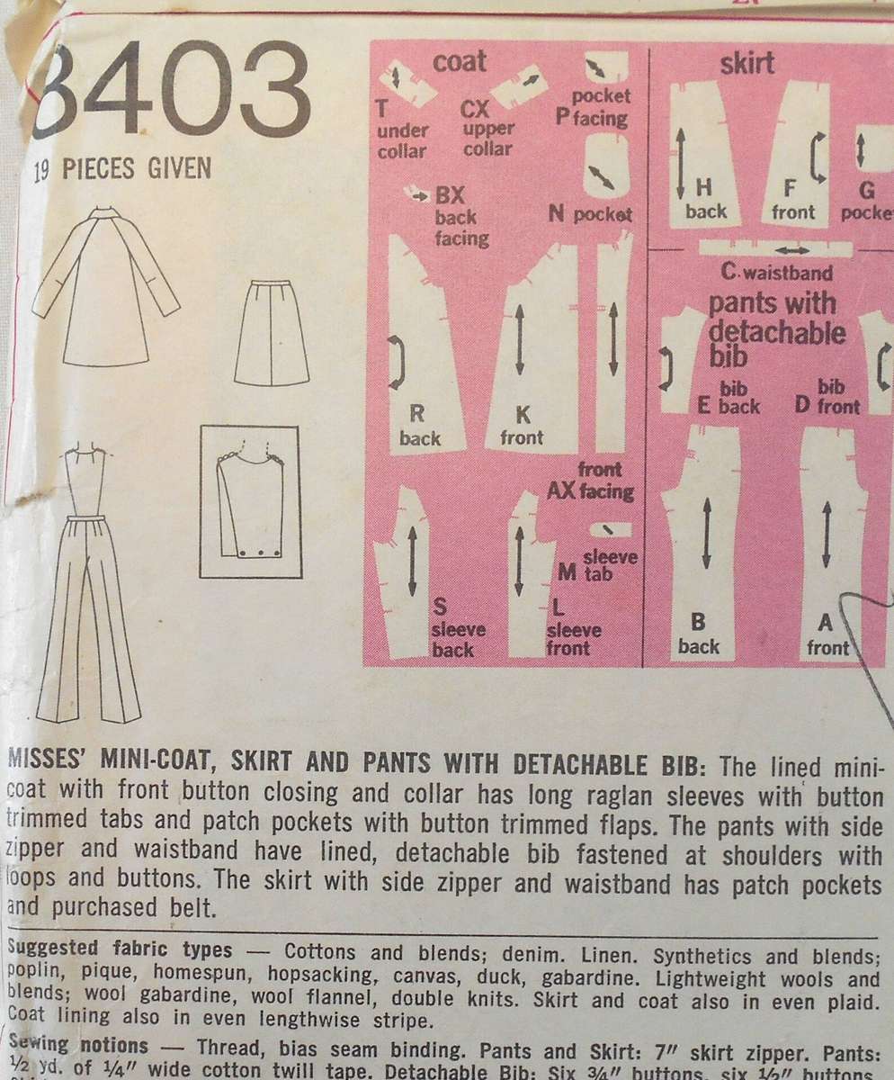 SIMPLICITY 8403 MINI COAT-SKIRT-PANTS-DETACHABLE BIB SIZE 12 BUST 34-COMPLETE