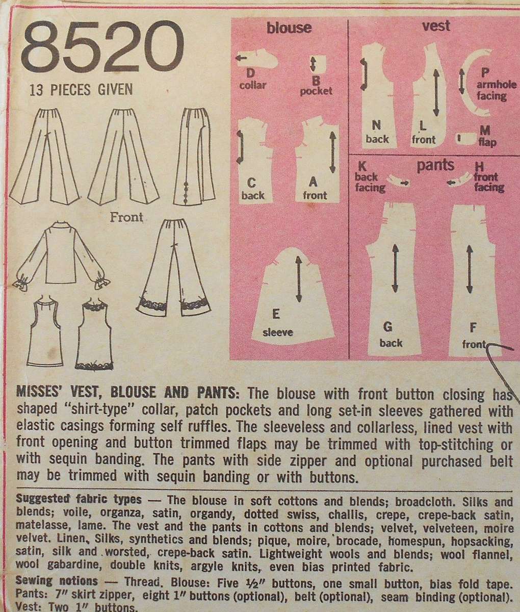 SIMPLICITY 8520  WAISTCOAT-BLOUSE-PANTS SIZE 10 BUST 32 1/2 COMPLETE
