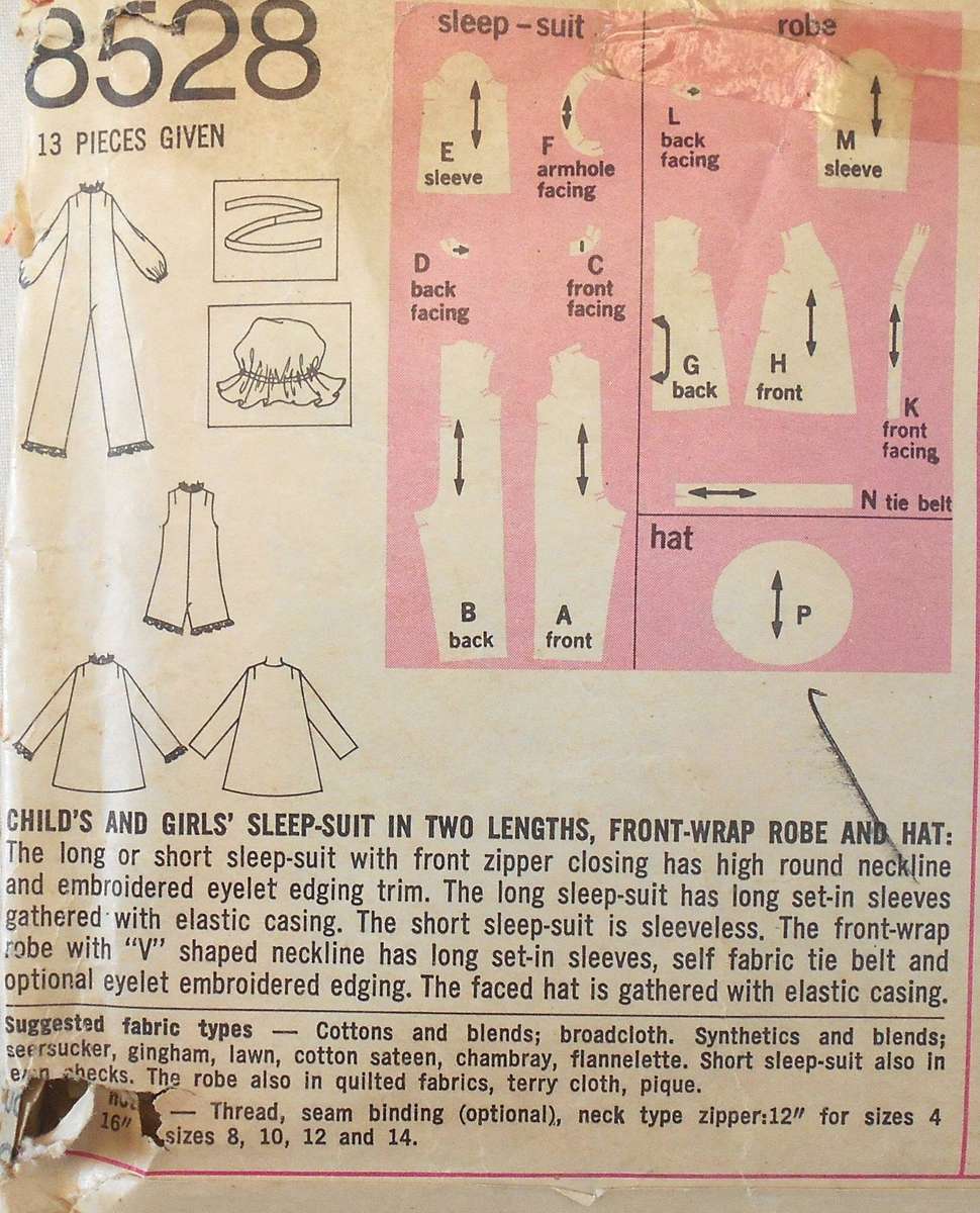 SIMPLICITY 8528 GIRLS SLEEPSUIT-FRONT WRAP ROBE-HAT SIZE 10 YEARS BREAST 28 1/2 COMPLETE