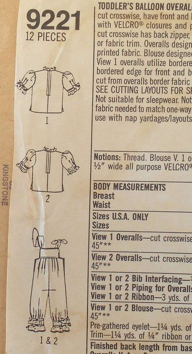 SIMPLICITY 9221 TODDLERS BALLOON OVERALLS-BLOUSE SIZE 2 YEARS-COMPLETE