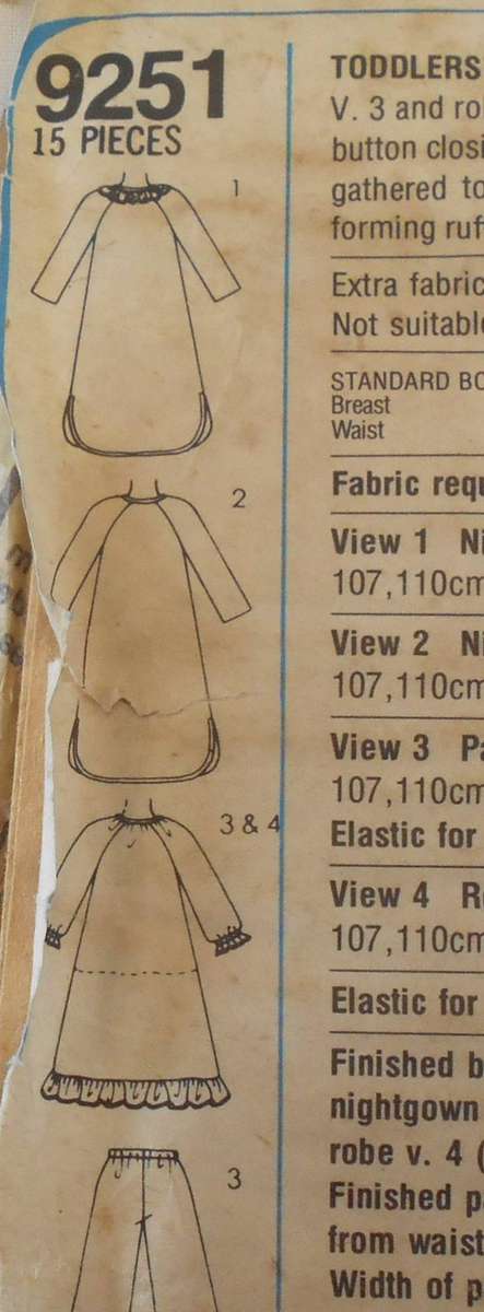 SIMPLICITY 9251 TODDLERS NIGHTGOWN-PJS & ROBE SIZE 3 YEARS CHEST 56 CM COMPLETE