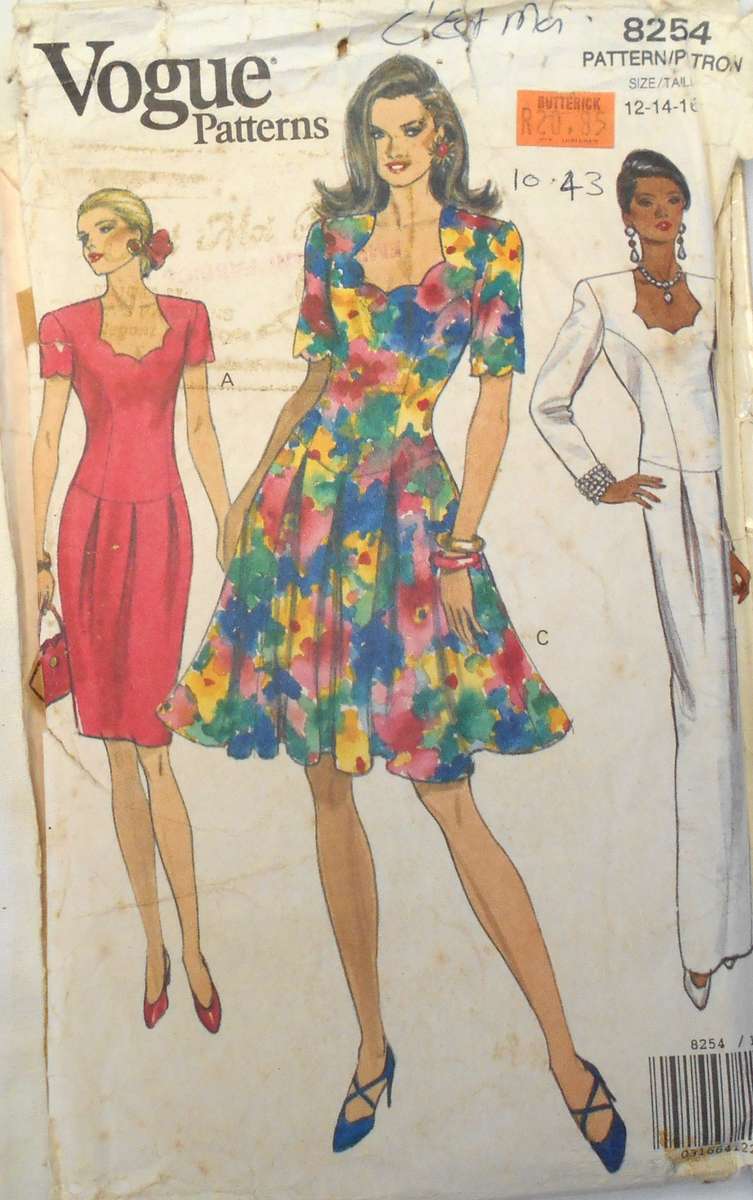 VOGUE 8264 FITTED LINED DROPPED WAIST DRESS SIZE 12-14-16 COMPLETE-CUT TO 16-ZIPLOC