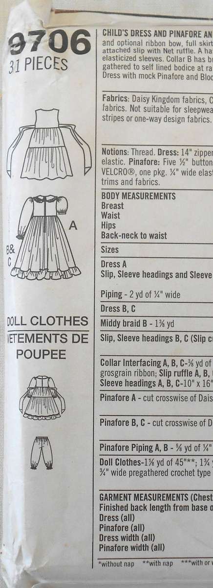 SIMPLICITY 9706 CHILD DRESS-PINAFORE- & DOLLS CLOTHES FOR 18" DOLL- SIZE 5-6-7-8 YEARS COMPLETE