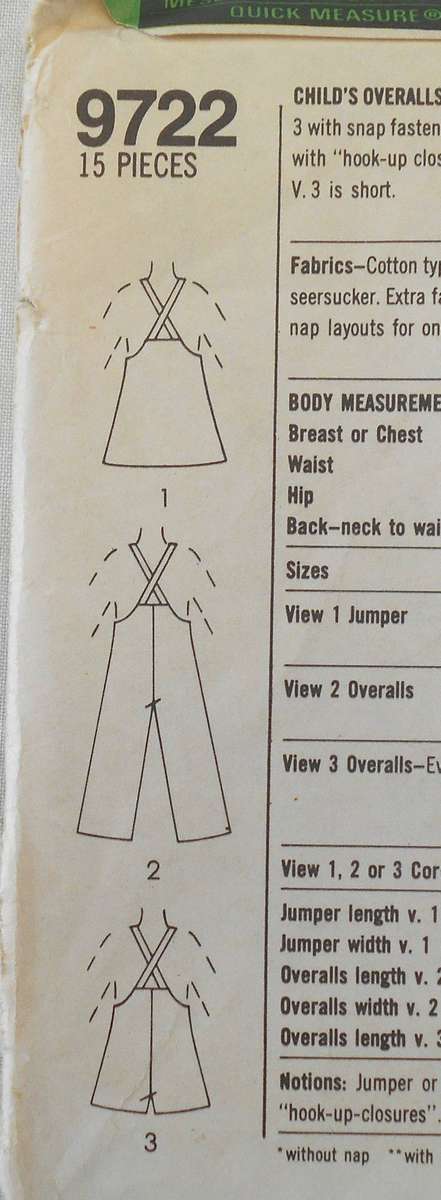 SIMPLICITY 9722 CHILD OVERALLS IN 2 LENGTHS & PINAFORE- SIZE 3 YEARS COMPLETE