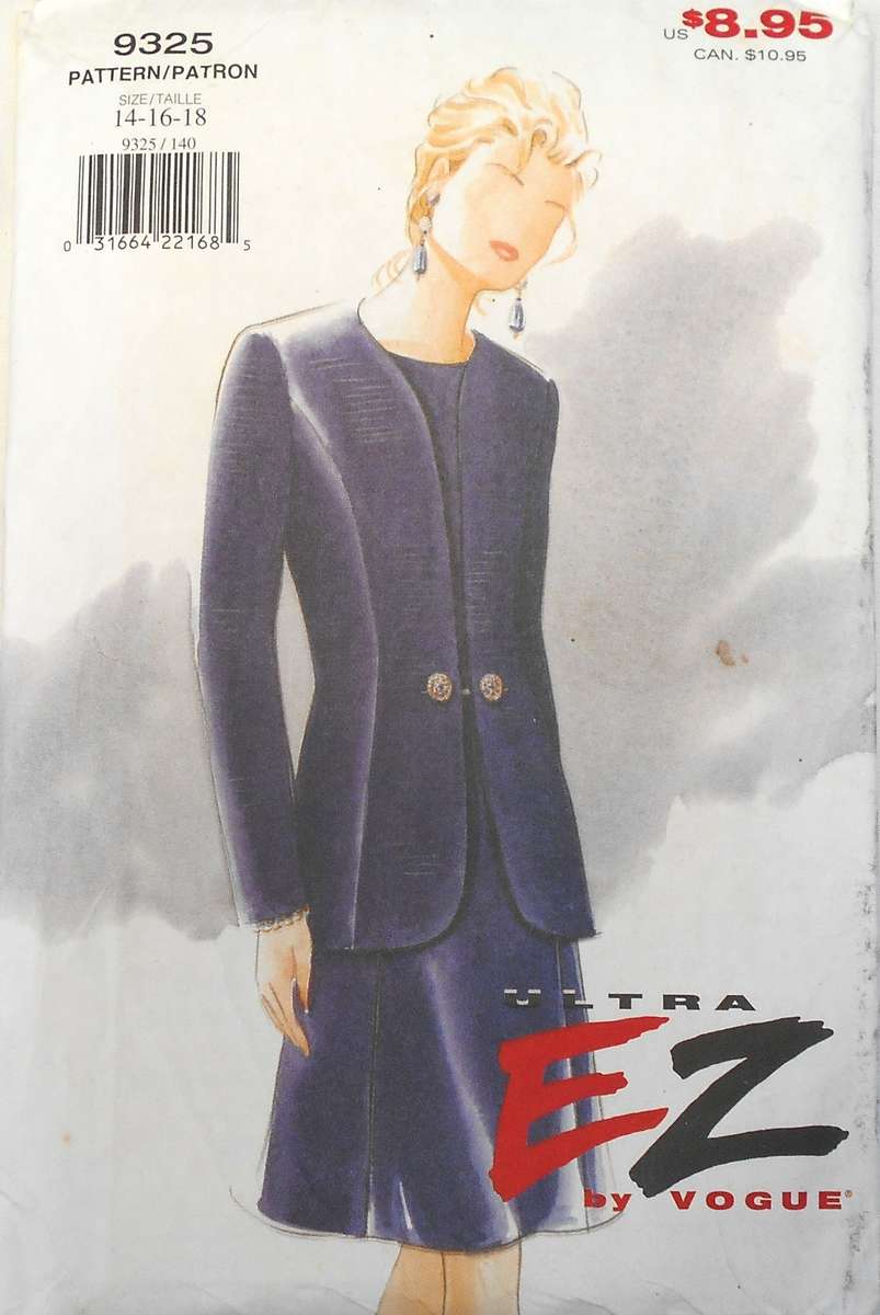 VOGUE 9325 SEMI FITTED LINED JACKET & FITTED A-LINE DRESS SIZE 14-16-18 COMPLETE-UNCUT-F/FOLDED