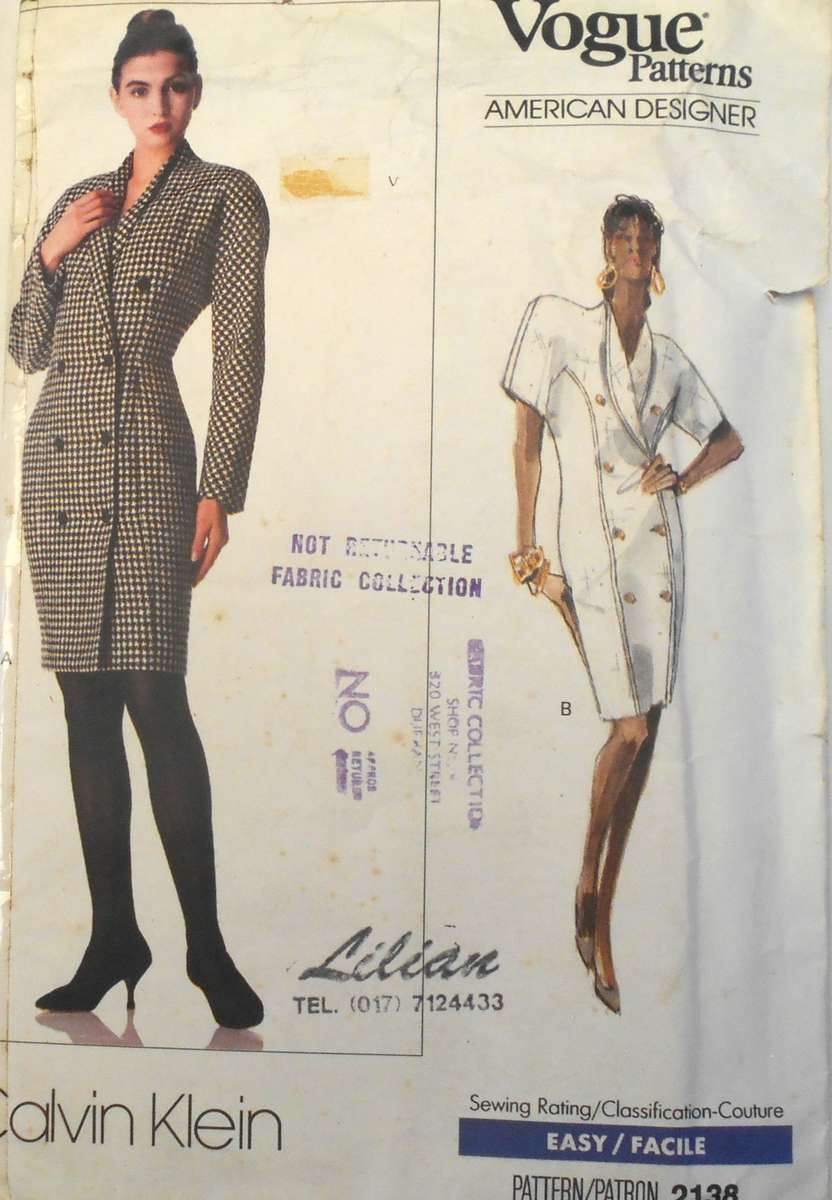 VOGUE 2138 CALVIN KLEIN SEMI FITTED LINED DOUBLE BREASTED DRESS SIZE 12 COMPLETE