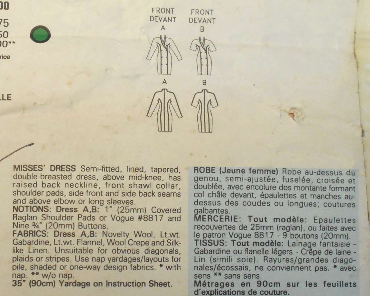 VOGUE 2138 CALVIN KLEIN SEMI FITTED LINED DOUBLE BREASTED DRESS SIZE 12 COMPLETE