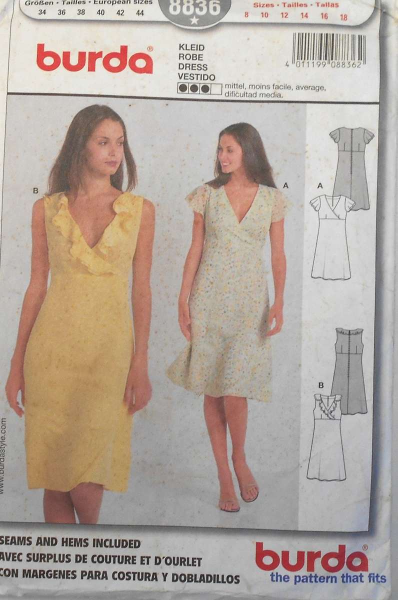 BURDA 8836 LADIES HIGH BODICE DRESS SIZE 8-18 COMPLETE-UNCUT-F/FOLDED