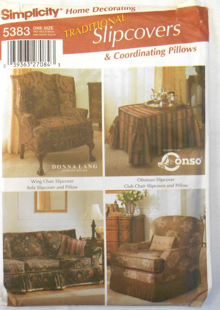 SIMPLICITY 5383  TRADITIONAL SLIP COVERS & COORDINATING PILLOWS ONE SIZE -COMPLETE-UNCUT-F/FOLDED