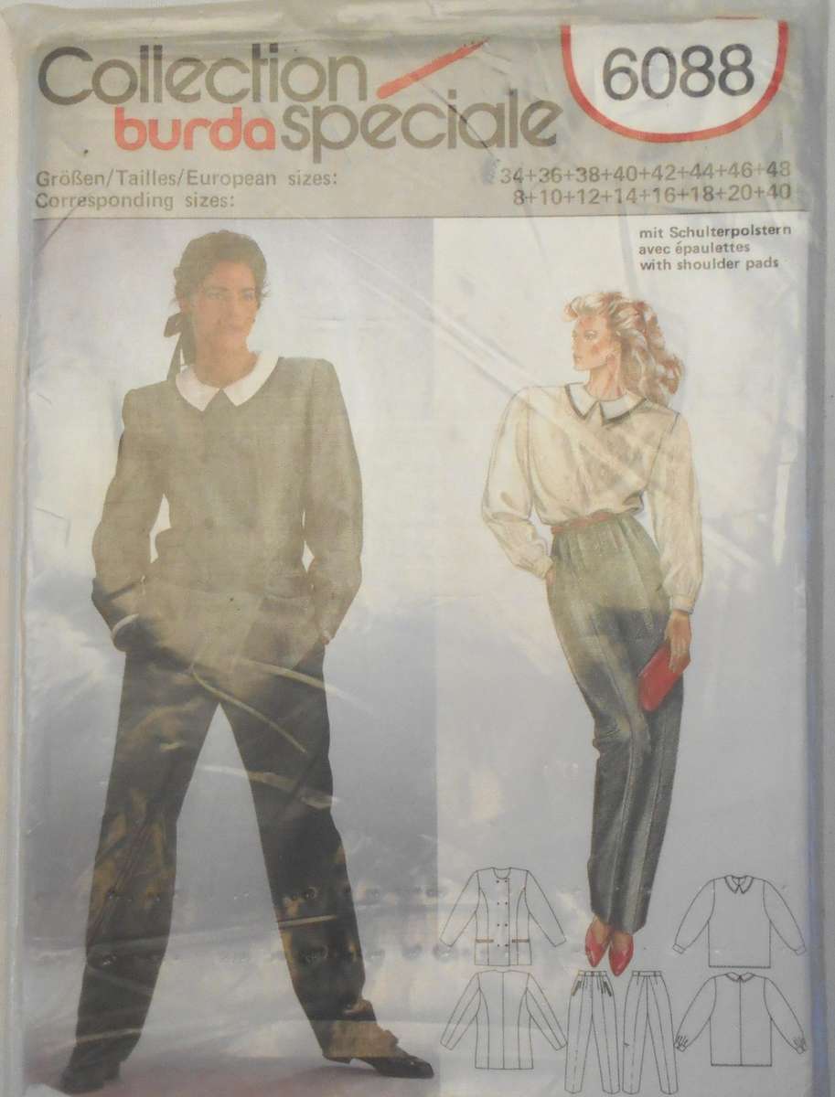 BURDA 6088 JACKET-BLOUSE-PANTS SIZE 8-10-12-14-16-18-20-40 COMPLETE-UNCUT-F/FOLDED