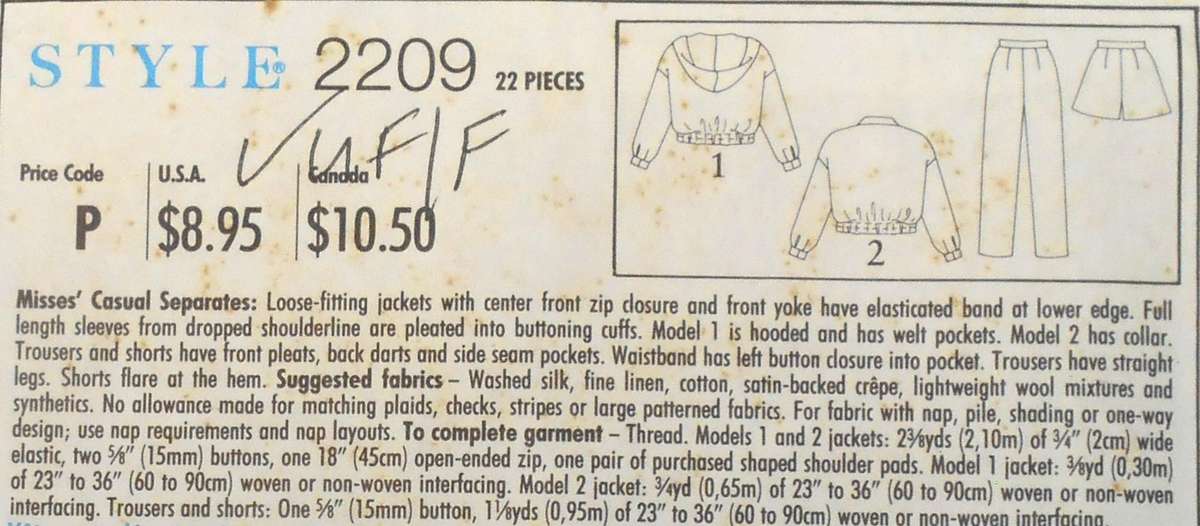 STYLE 2209 LOOSE FITING JACKETS-PANTS-SHORTS SIZE 6-16 COMPLETE-CUT TO 16