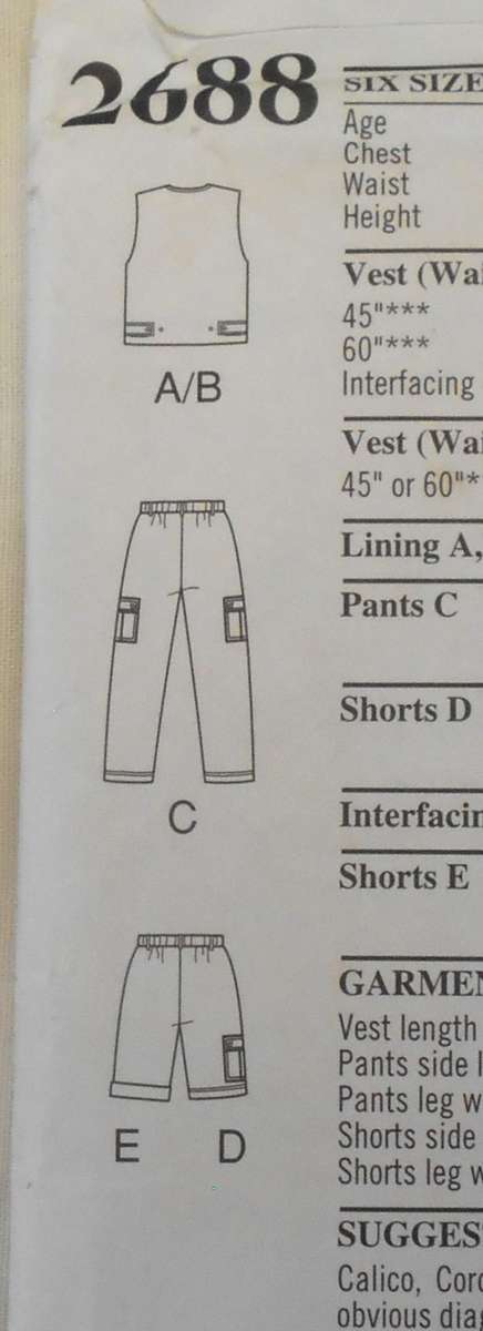 STYLE 2688 KIDS WAISTCOAT-CARGO PANTS & SHORTS SIZE 3 - 8 YEARS LOWER POOKET 4 NOT SUPPLIED USE 12