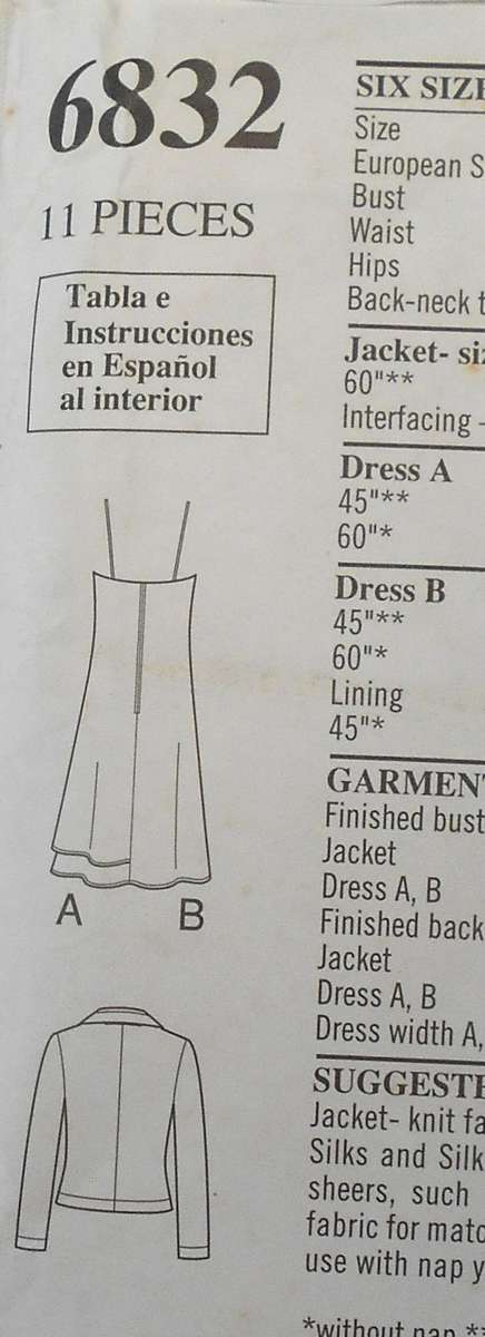 NEW LOOK PATTERNS 6832 SHOESTRING STRAP DRESS-JACKET SIZE 6-16 COMPLETE-PART CUT ONLY 2 PIECES
