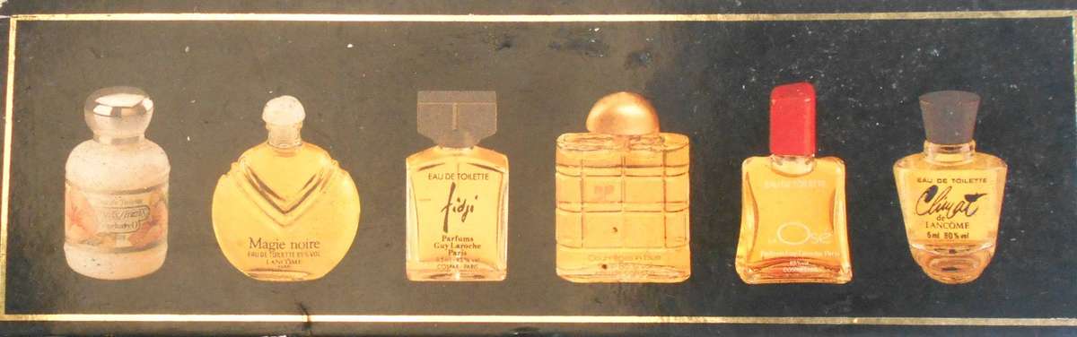 FRENCH BOXED SET OF 6 MINIATURE FRENCH PERFUME BOTTLES- All six bottles are empty.