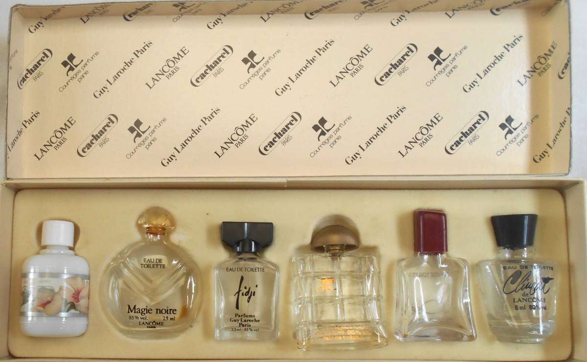 FRENCH BOXED SET OF 6 MINIATURE FRENCH PERFUME BOTTLES- All six bottles are empty.