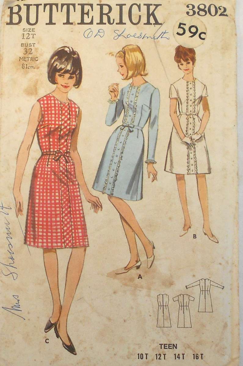 VINTAGE BUTTERICK 3802 ONE PIECE DRESS SIZE 12 BUST 32 COMPLETE-UNCUT-F/FOLDED