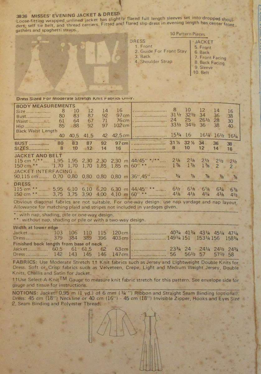 BUTTERICK 3836 EVENING JACKET & DRESS SIZE 12 BUST 34 COMPLETE