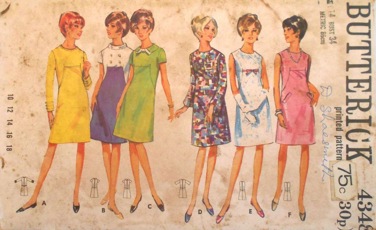 VINTAGE BUTTERICK 4348 ONE PIECE DRESS SIZE 14 BUST 34 COMPLETE-UNCUT-F/FOLDED