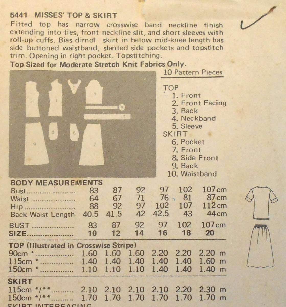 BUTTERICK 5441 TOP & SKIRT SIZE 10 COMPLETE