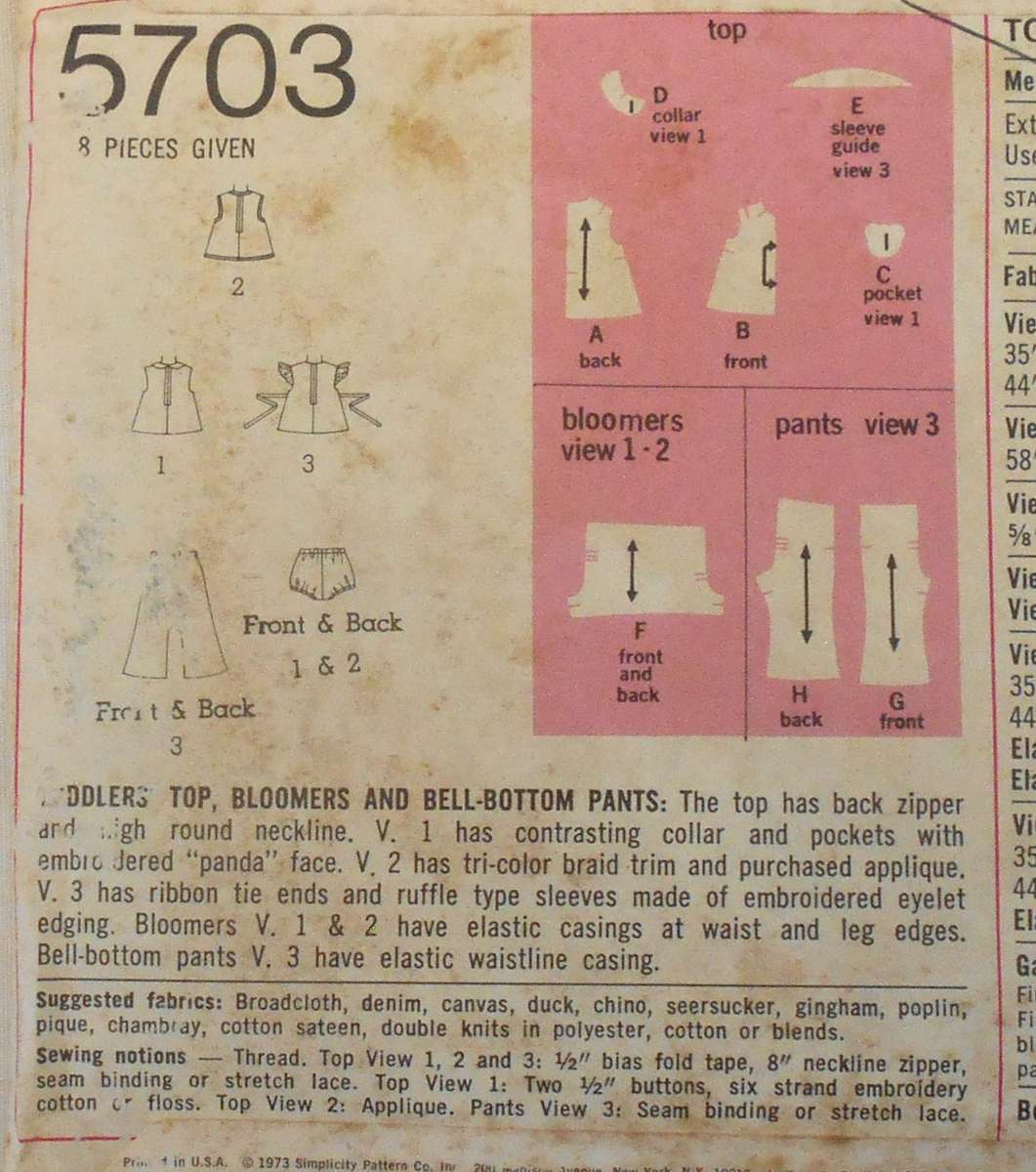 SIMPLICITY 5701 TODDLER TOP WITH TEDDY POCKETS-BLOOMERS PANTS SIZE 3 YEARS BREAST 22 COMPLETE