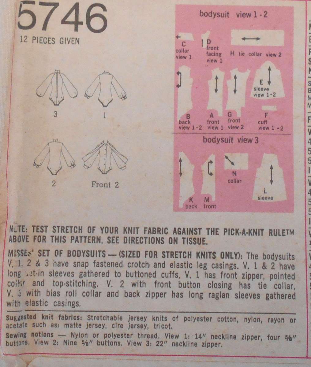SIMPLICITY 5746 SET OF BODYSUITS SIZE 12 BUST 34 COMPLETE-UNCUT-F/FOLDED