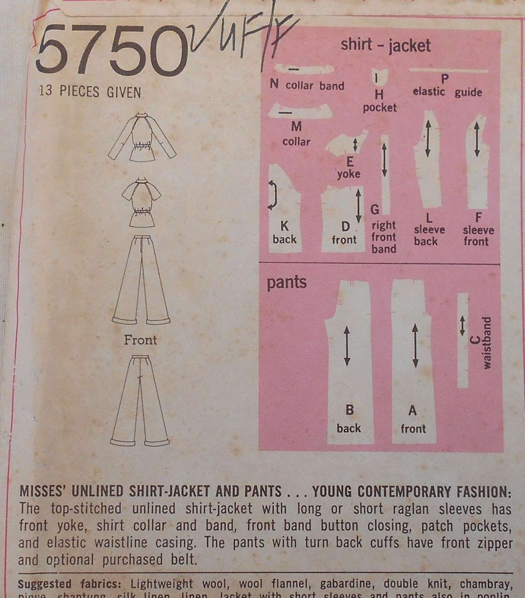 SIMPLICITY 5750 UNLINED SHIRT/JACKET & PANTS SIZE 12 BUST 34 COMPLETE-UNCUT-F/FOLDED