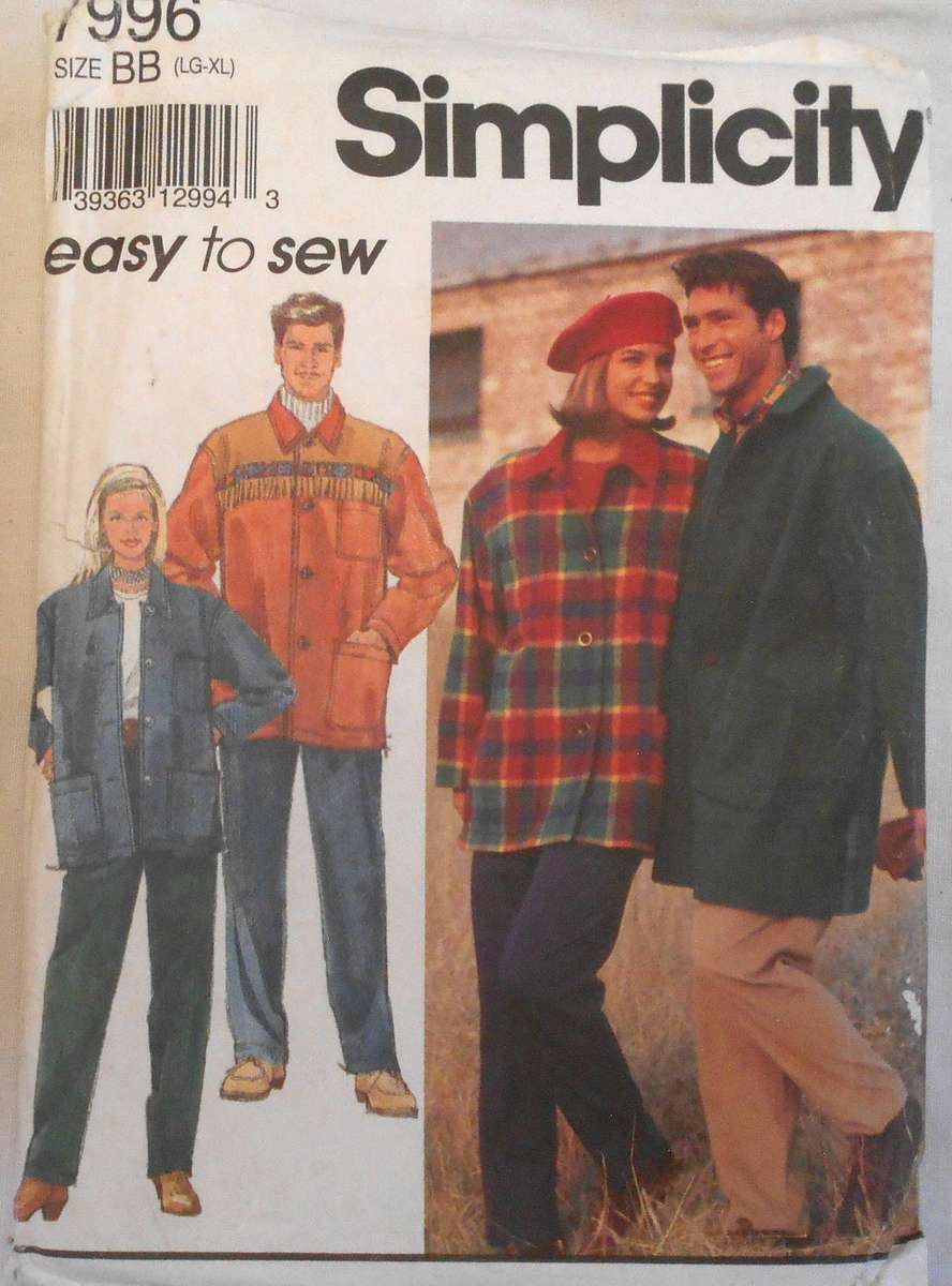 SIMPLICITY 7996 UNISEX PULL ON PANTS-UNLINED COAT-JACKET SIZE L-XL (42-48) COMPLETE-UNCUT-F/FOLDED