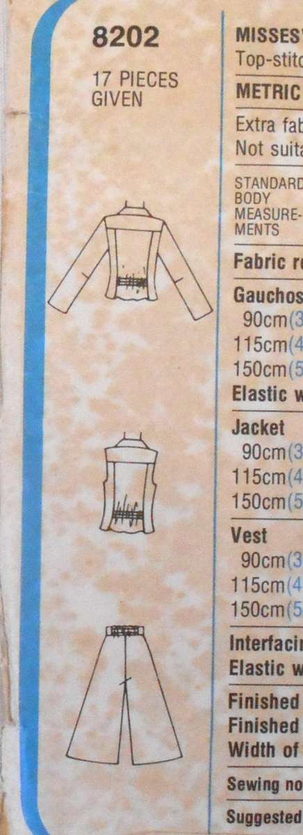 SIMPLICITY 8202 GAUCHOS-UNLINED JACKET-WAISTCOAT SIZE 10 BUST 83 CM COMPLETE