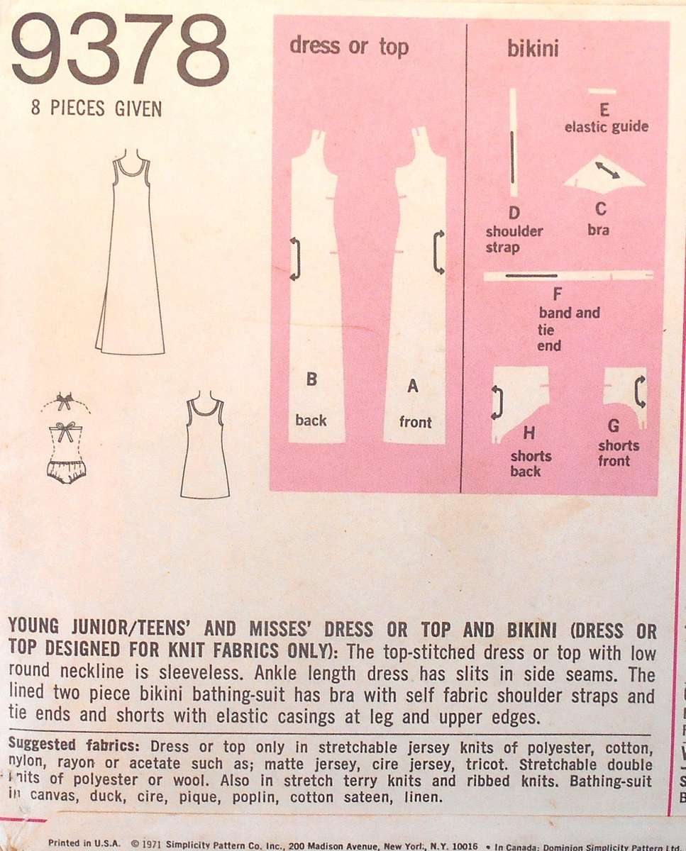 VINTAGE SIMPLICITY 9378 DRESS-TOP-BIKINI SIZE 11/12 BUST 32 COMPLETE