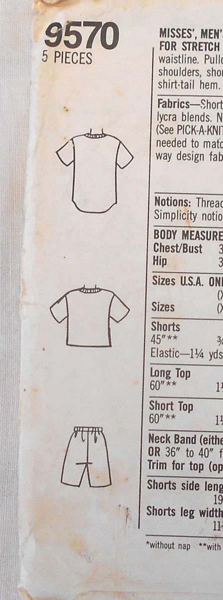SIMPLICITY 9570 UNISEX BICYLE SHORTS & TOP SIZE XS-XL (30-48) COMPLETE-CUT TO XL (46-48)