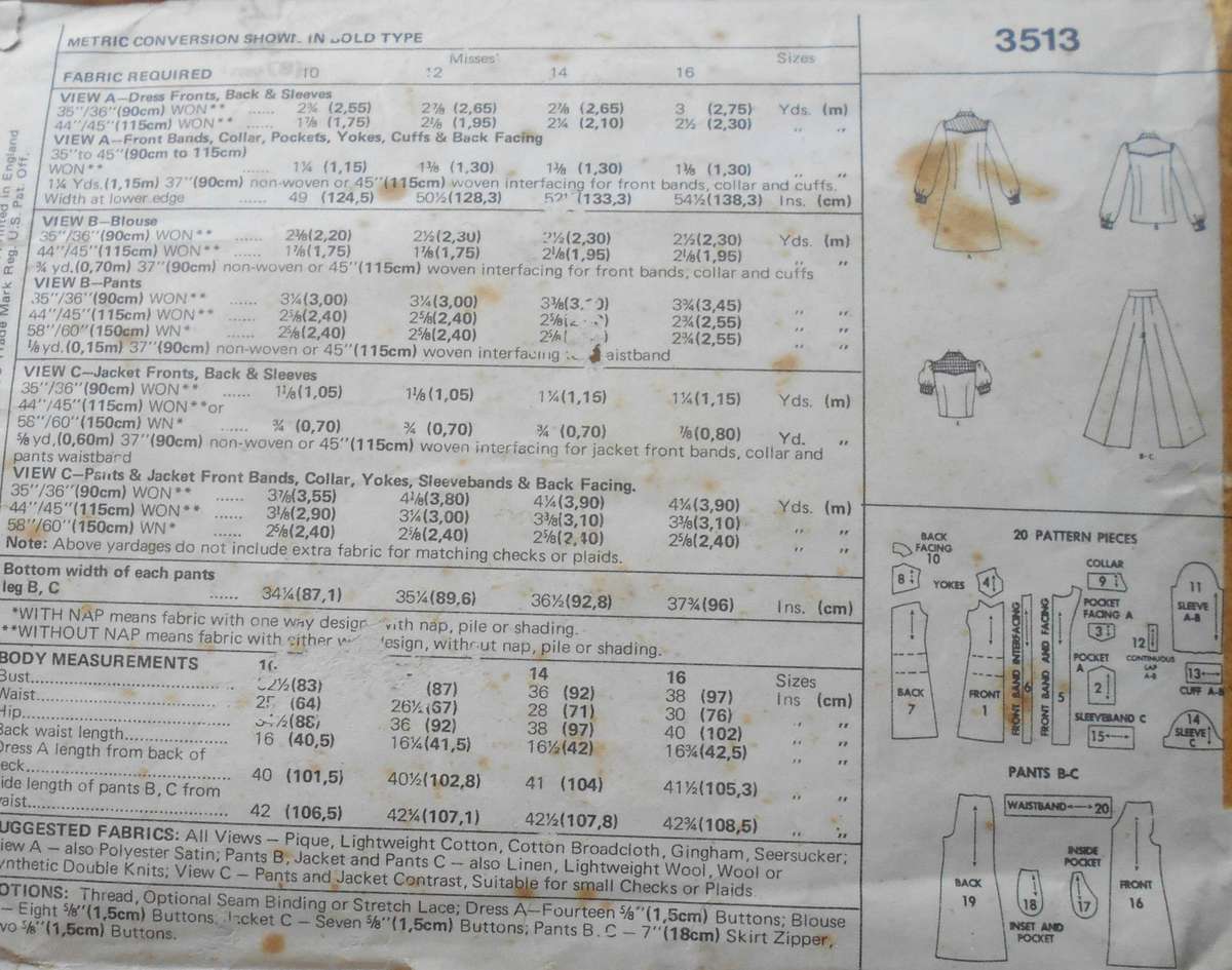 VINTAGE McCalls 3513 DRESS-BLOUSE-JACKET-PANTS SIZE 12 BUST 34" COMPLETE