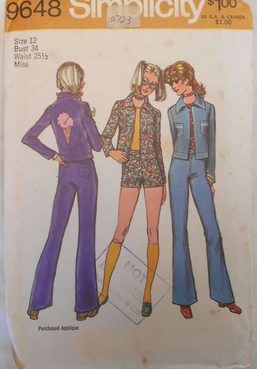 SIMPLICITY 9648 BELL BOTTOM PANTS-SHORT SHORTS-UNLINED JACKET SIZE 12 BUST 34 COMPLETE-UNCUT-F/F