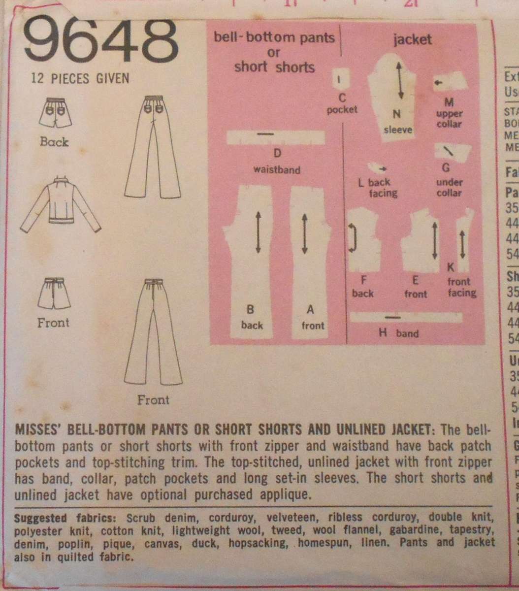 SIMPLICITY 9648 BELL BOTTOM PANTS-SHORT SHORTS-UNLINED JACKET SIZE 12 BUST 34 COMPLETE-UNCUT-F/F