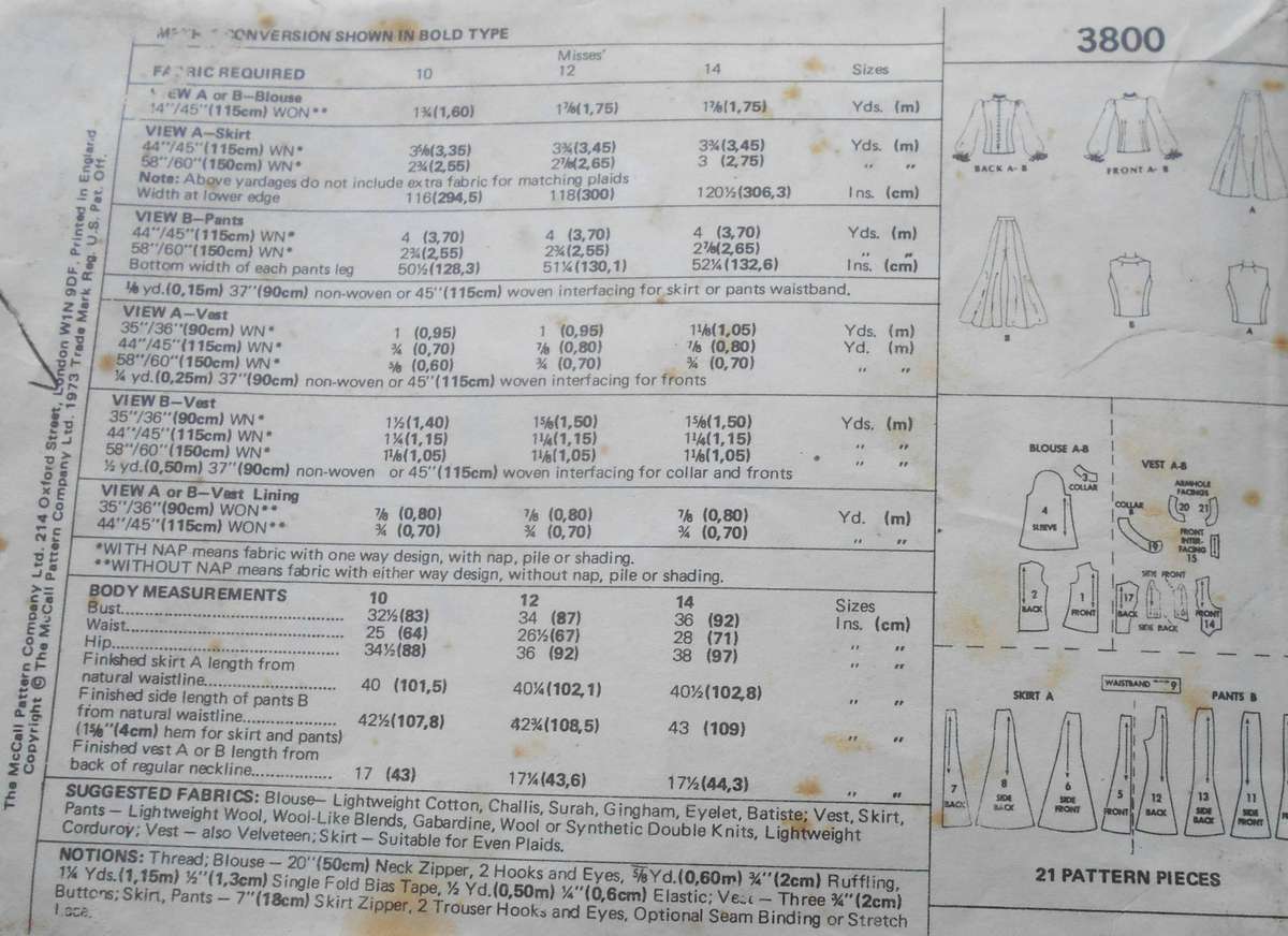 VINTAGE McCalls 3800 BLOUSE-WAISTCOAT-SKIRT-PANTS SIZE 12 BUST 34" COMPLETE