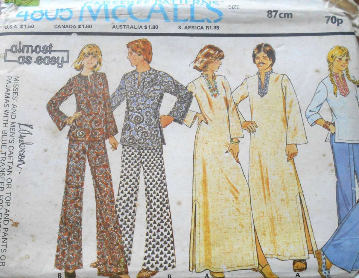 McCalls 4805 UNISEX CAFTAN-TOP-PANTS-PJS + EMBROIDERY SIZE 12 BUST 34" COMPLETE + TRANSFER