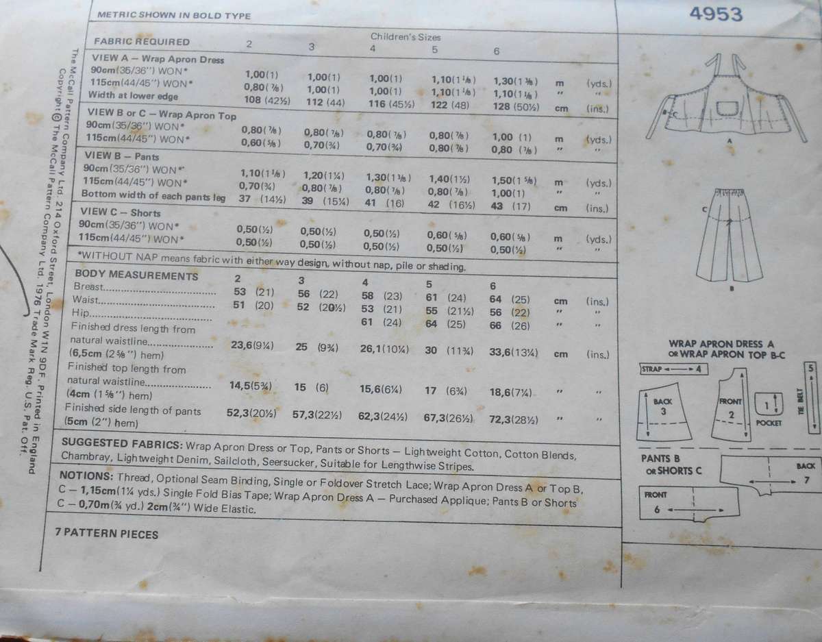 McCalls 4953 KIDS WRAP APRON DRESS SIZE6 YEARS COMPLETE