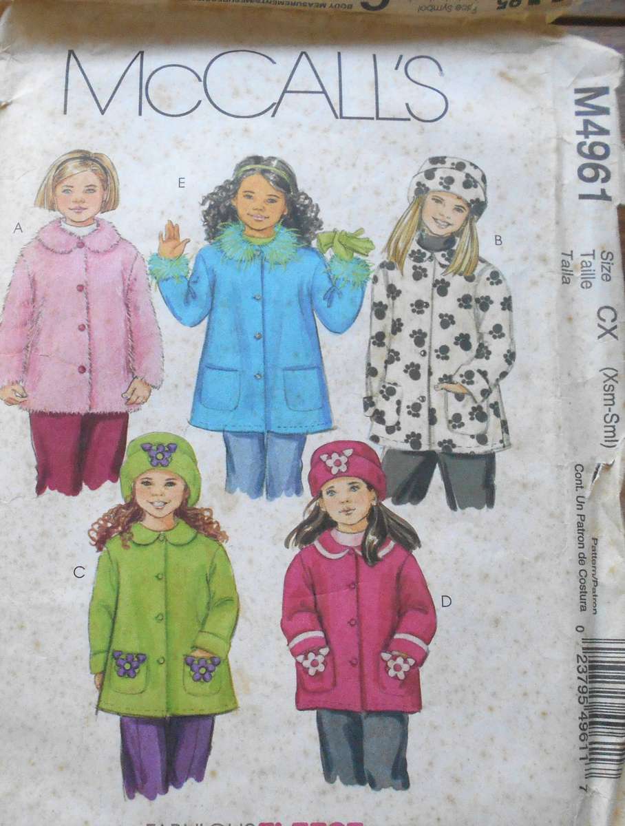 McCalls M4961 GIRLS UNLINED FLEECE COATS & HATS SIZE XS-S (3-6 YEARS) COMPLETE-CUT TO 5-6 YEARS