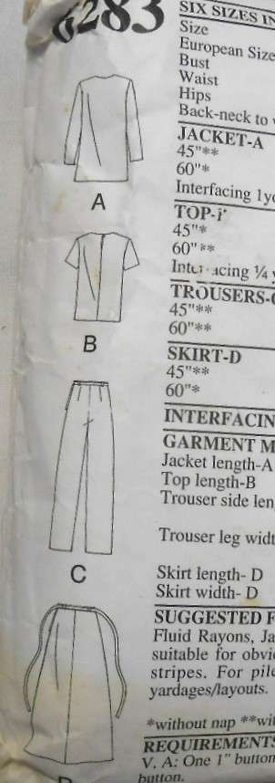 NEW LOOK PATTERNS 6283 JACKET-TOP-PANTS-TIE SKIRT SIZE 8-18 COMPLETE-PART CUT TO 18